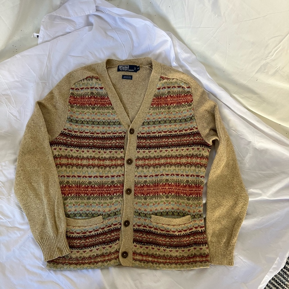 Vintage Polo by Ralph Lauren Beige Fair Isle Button-Up Cardigan Men’s M - Picture 6 of 9